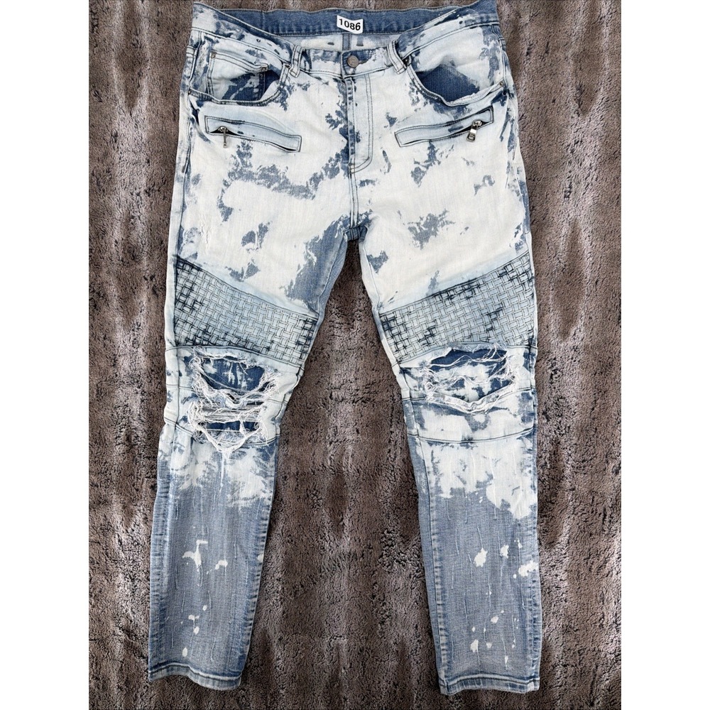 DOPE Biker Moto Distressed Acid Washed Tapered Jeans 36x32 Streetwear